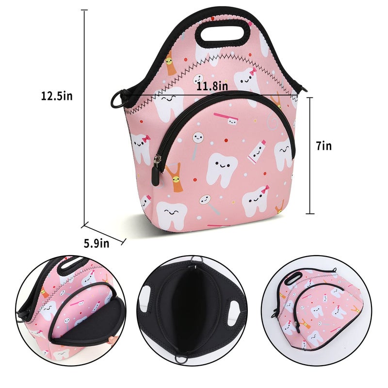Violet Mist Neoprene Thermal Insulated Lunch Bag Tote for Women, Soft Large with Extra Pocket, Adjustable Shoulder Strap, Pink Teeth - Image 3